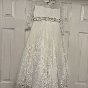 Girls white Lace Tulle Party Dress with Beaded Waist